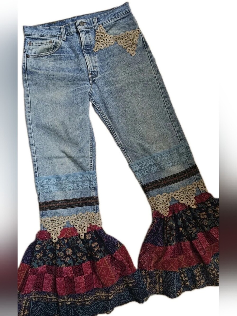 VTG Levis Denim Red Tab Hippie Jeans USA Made Gypsy Boho 32-34 Waist, 30 Inseam